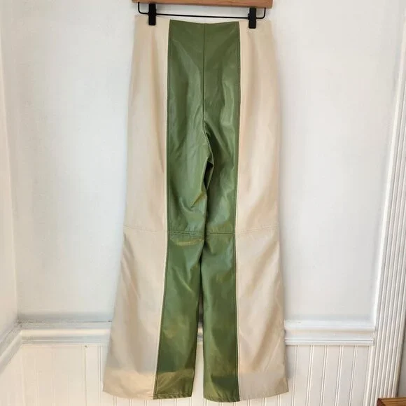 NWT Cider Faux Leather Slit Trousers Pants Green Beige Y2K 90s Women's M - Picture 3 of 9